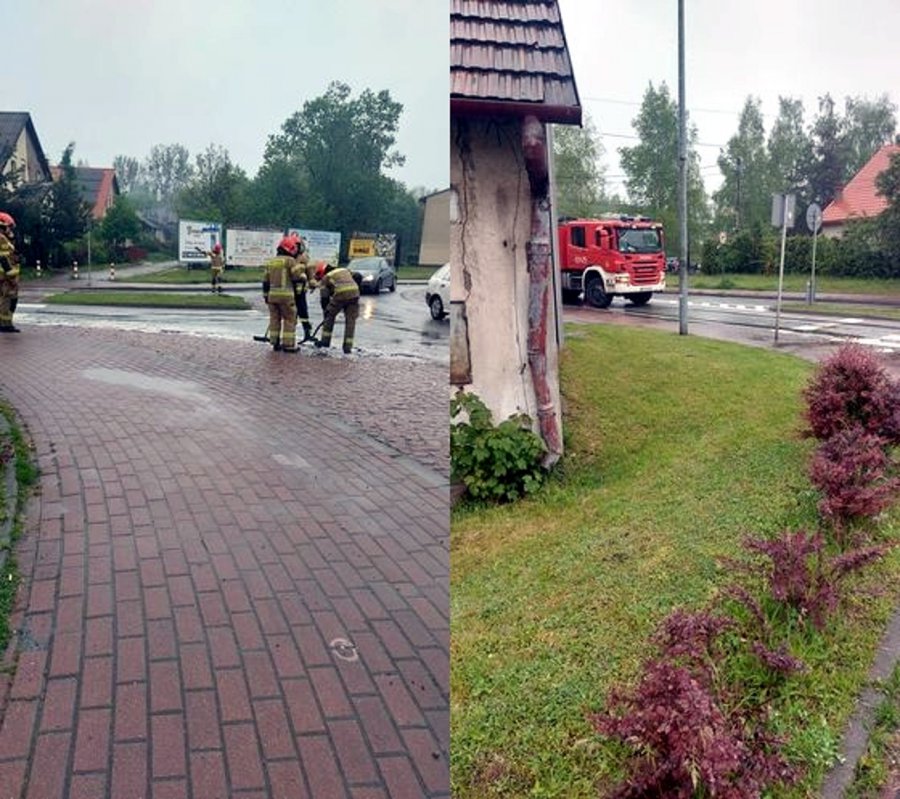Na rondzie w Trzebini strażacy usuwali z jezdni białą substancję