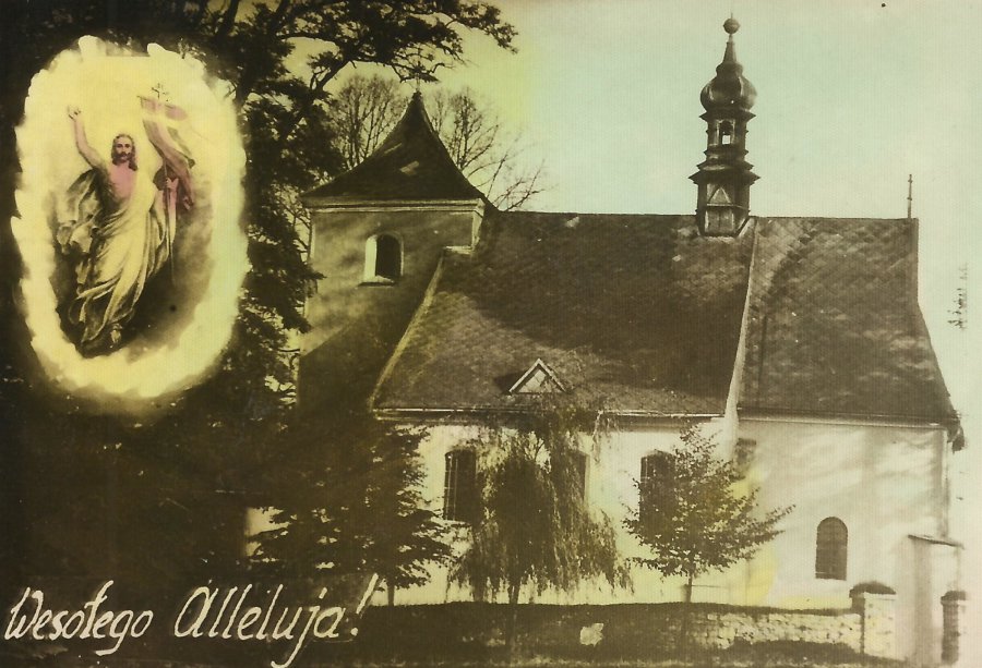 Kościół w Płazie na wielkanocnej pocztówce z minionego wieku
